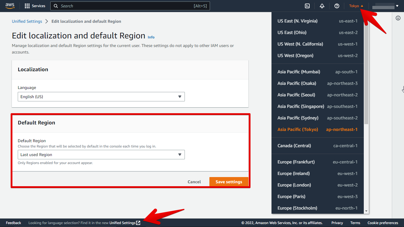 1. Change Region by AWS management console