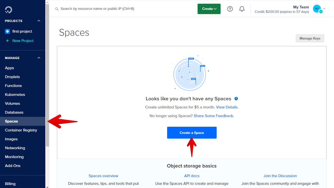 1. Go to your Digitalocean Dashboard - Spaces then click Create a Space