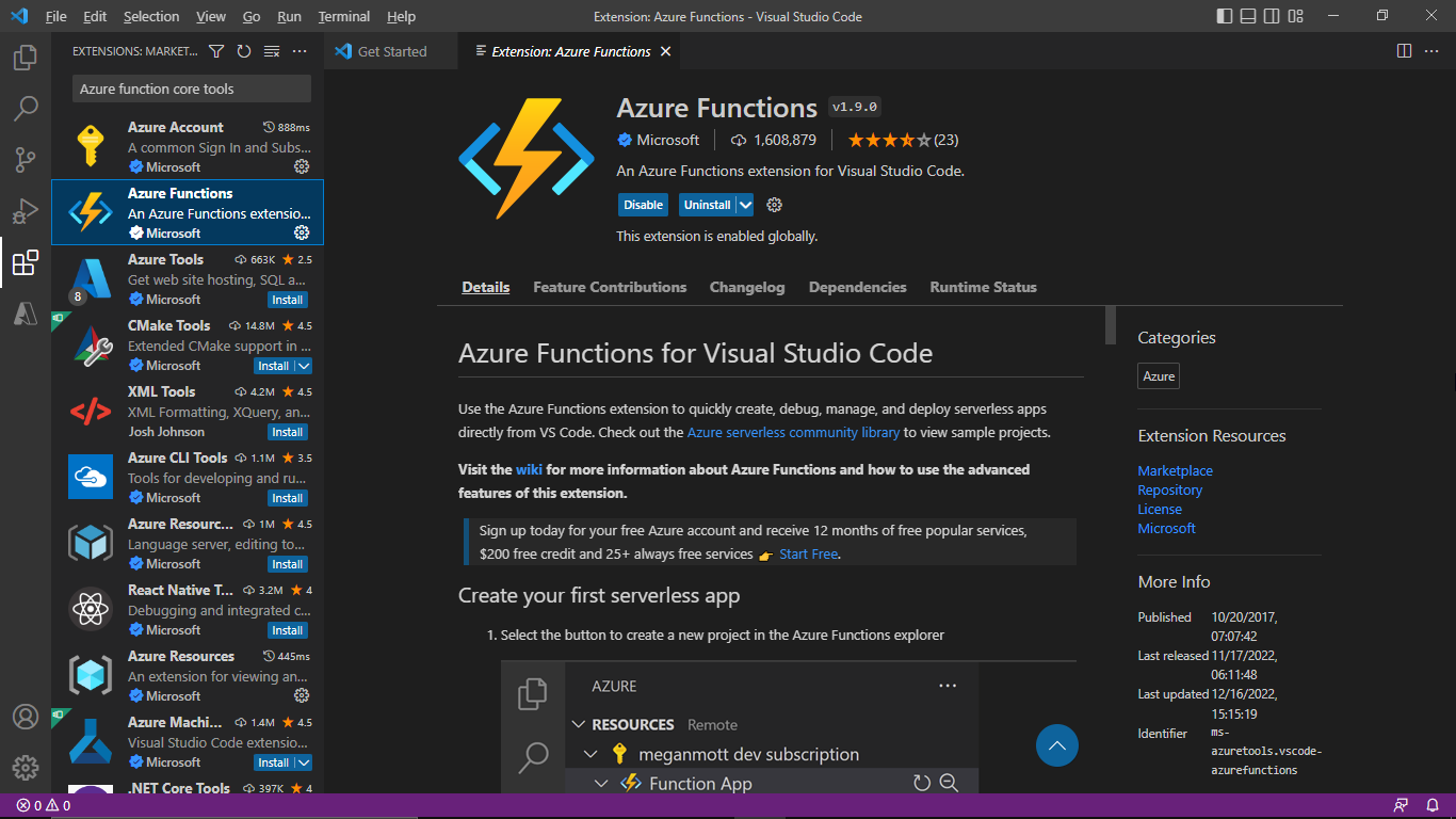 How do I install Azure function core tools in Visual Studio? -  