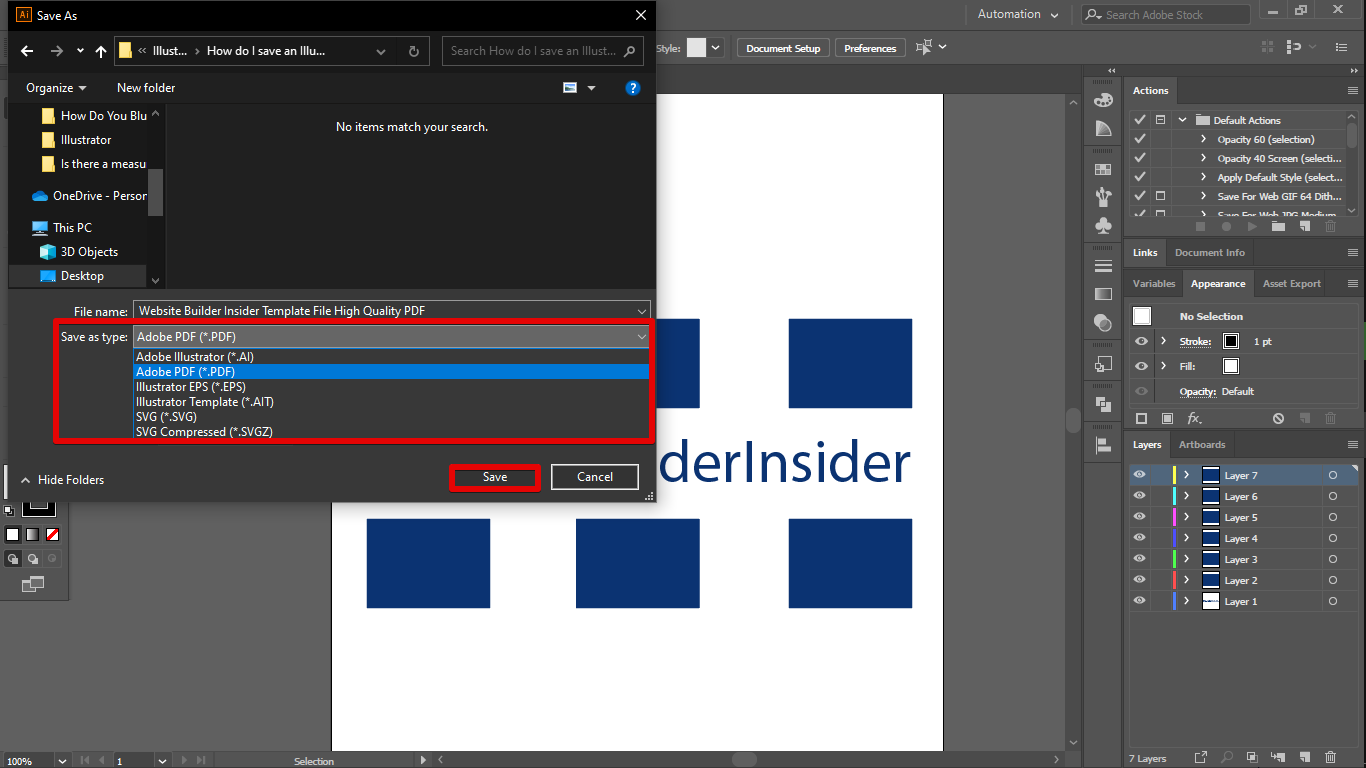 3. Click the drop down menu in save as type and select Adobe PDF