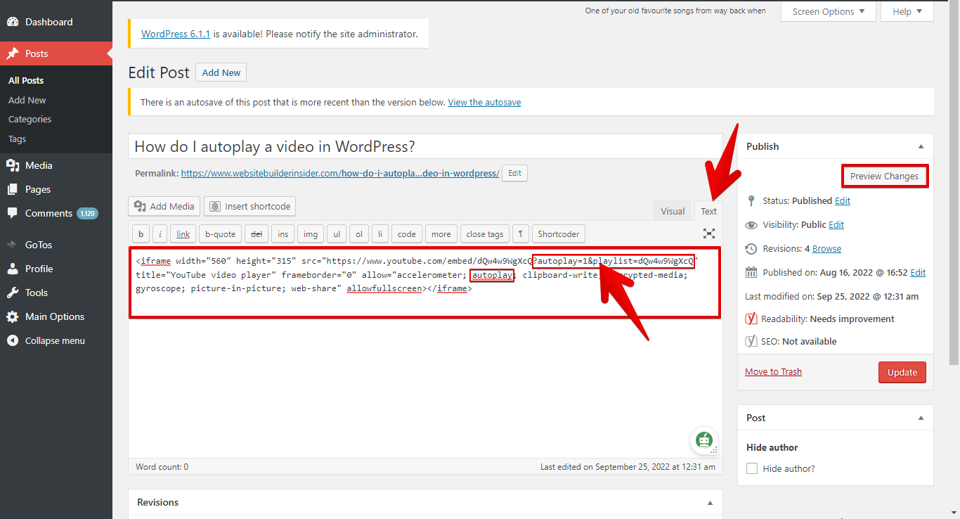 3. Paste the code to your Text in WordPress, then add this modification