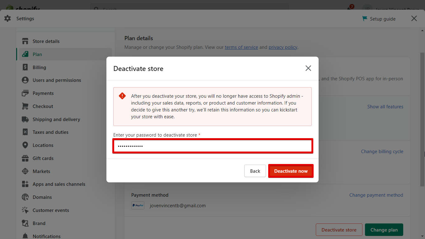 5. Enter your password and click Deactivate now