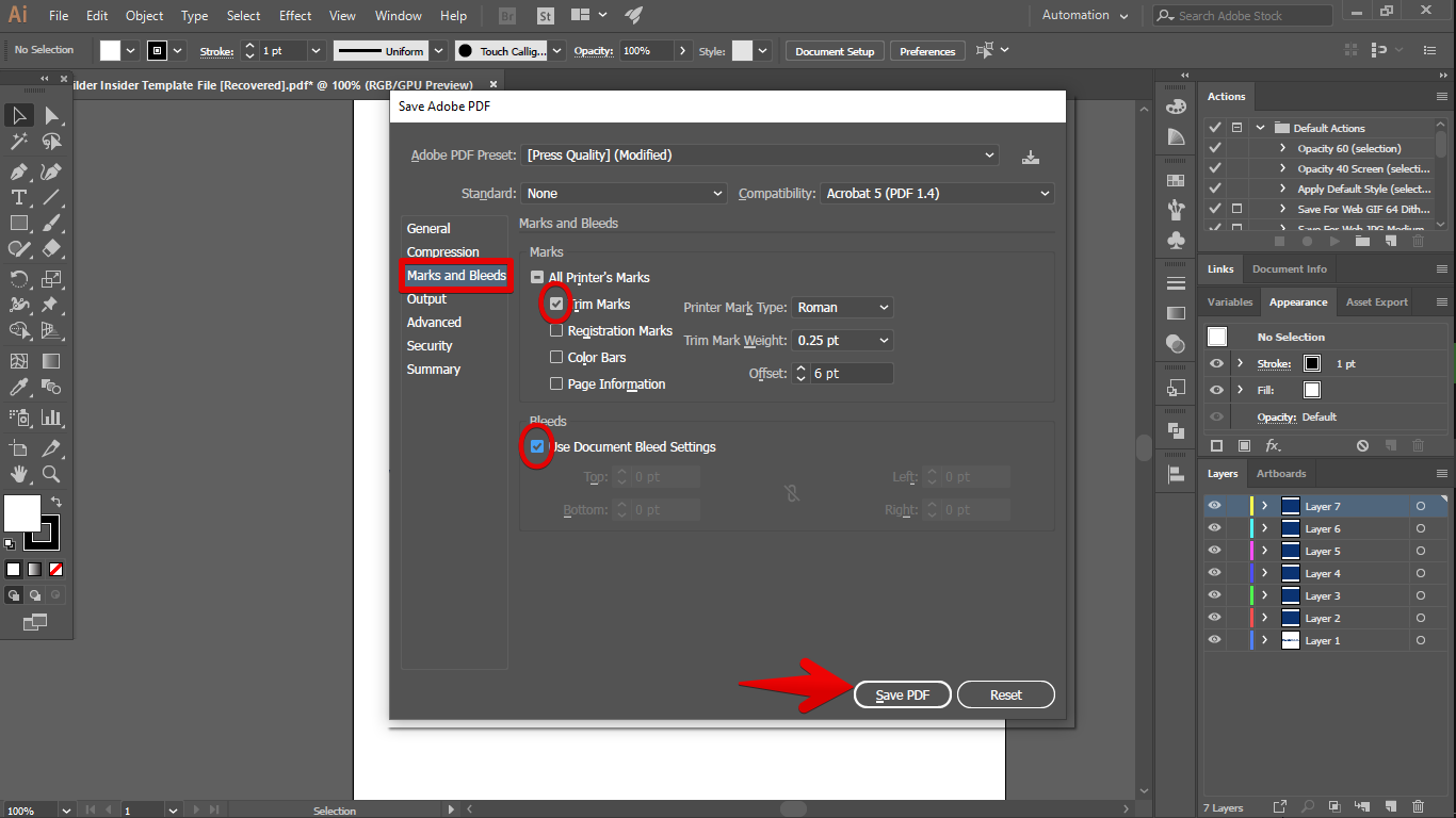 5. Go to Marks and Bleeds Tab and check Trim Marks and Use document bleed settings.