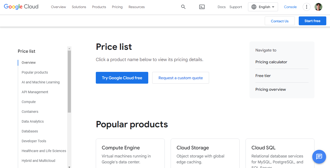 Price List of Google Cloud Services