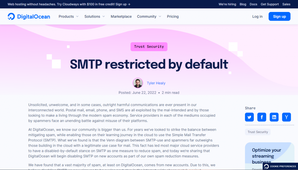Does DigitalOcean allow SMTP?