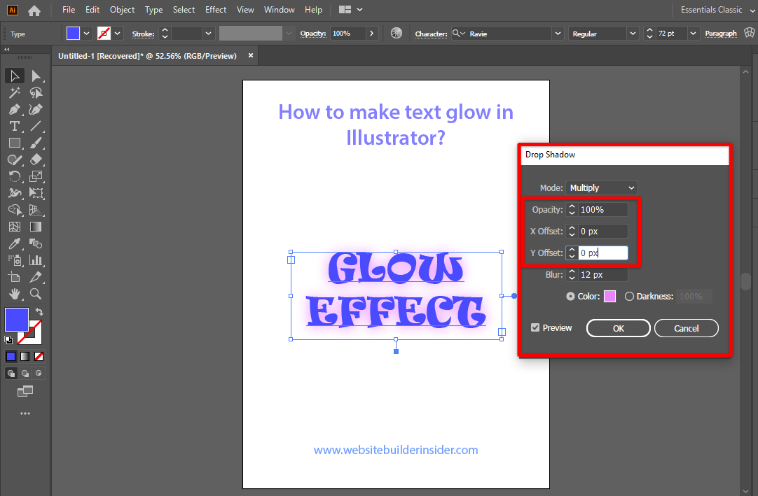 Adjust the Illustrator text intensity glow and direction