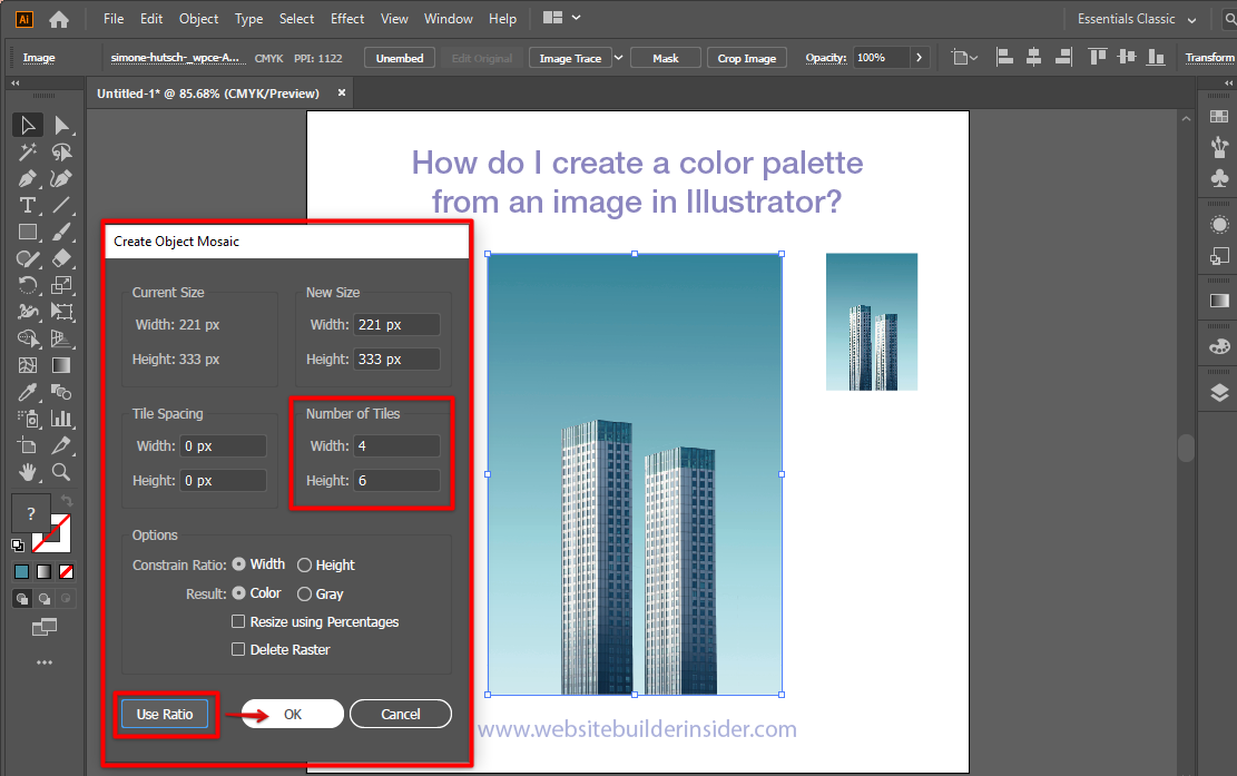 Adjust your Illustrator object mosaic width and height settings, use ration then click Ok