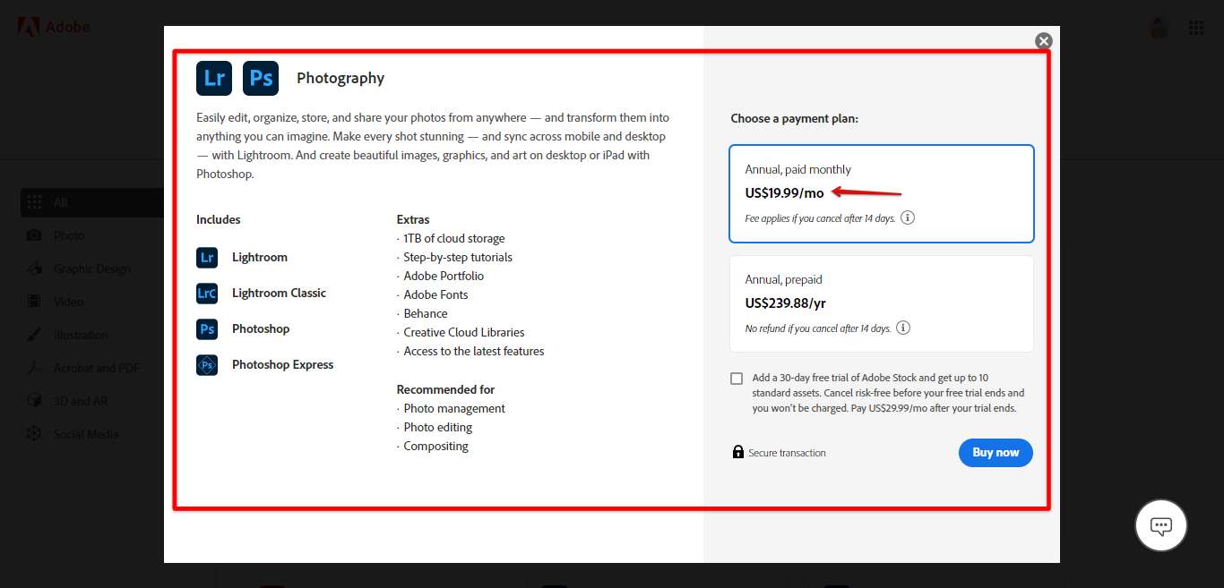 Adobe Photoshop costs if subscribe monthly or annually