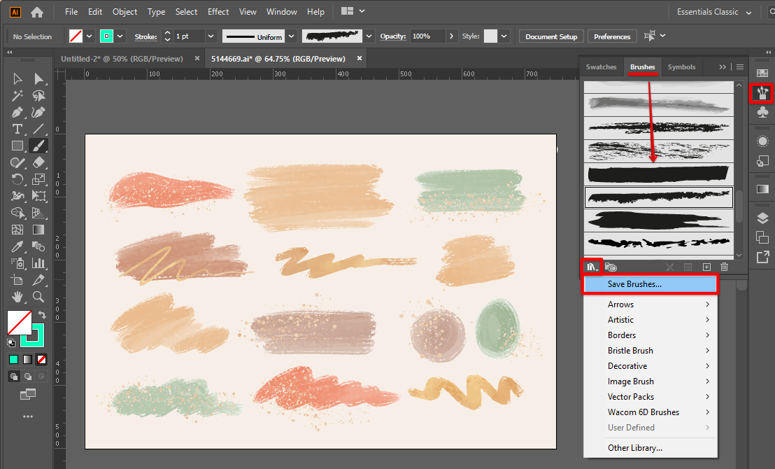 Click library icon and click import or save brushes in Illustrator