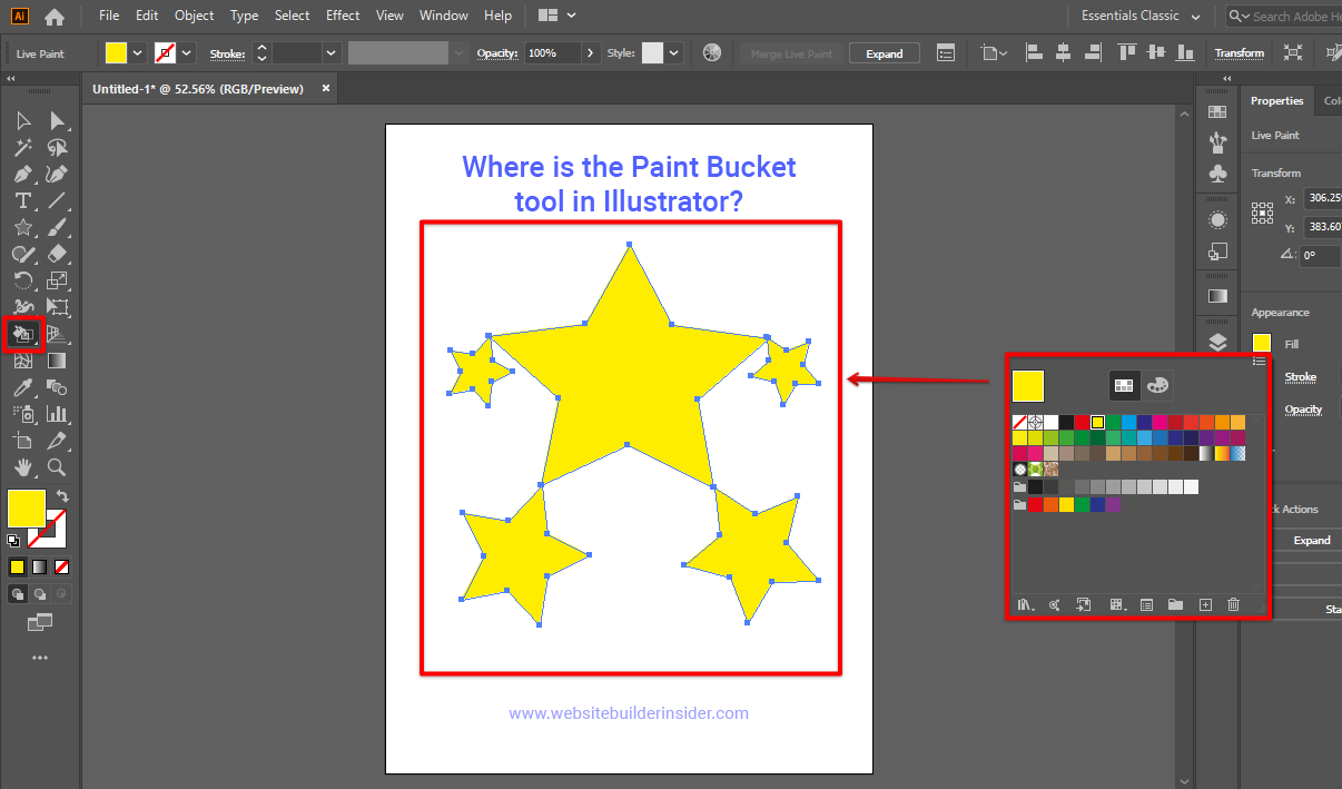 Click the Illustrator fill swatches to chose color for the paint bucket and apply to your art