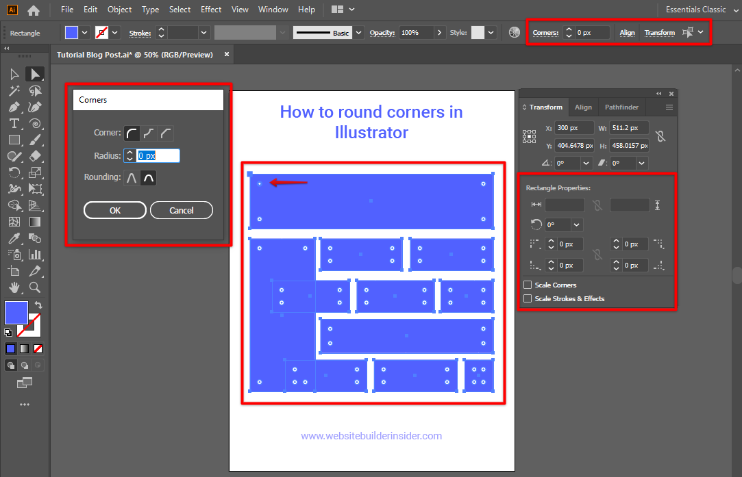Double click the corner of the element so the Illustrator corner round tool will appear