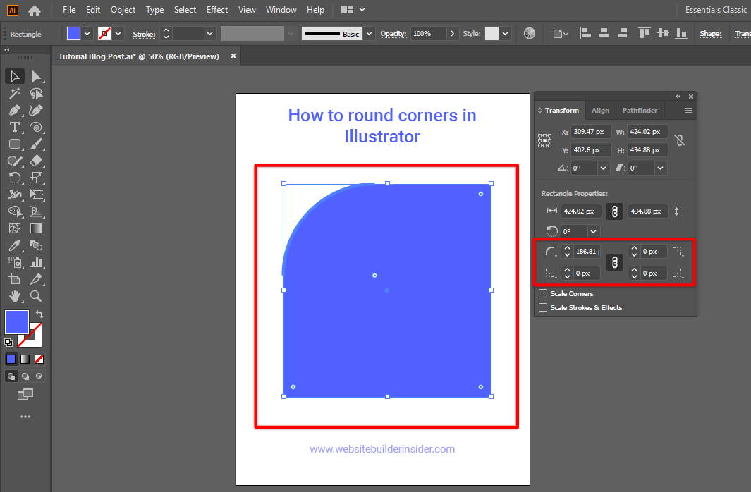 Drag one corner of an Illustrator element to round only one corner or input it manually