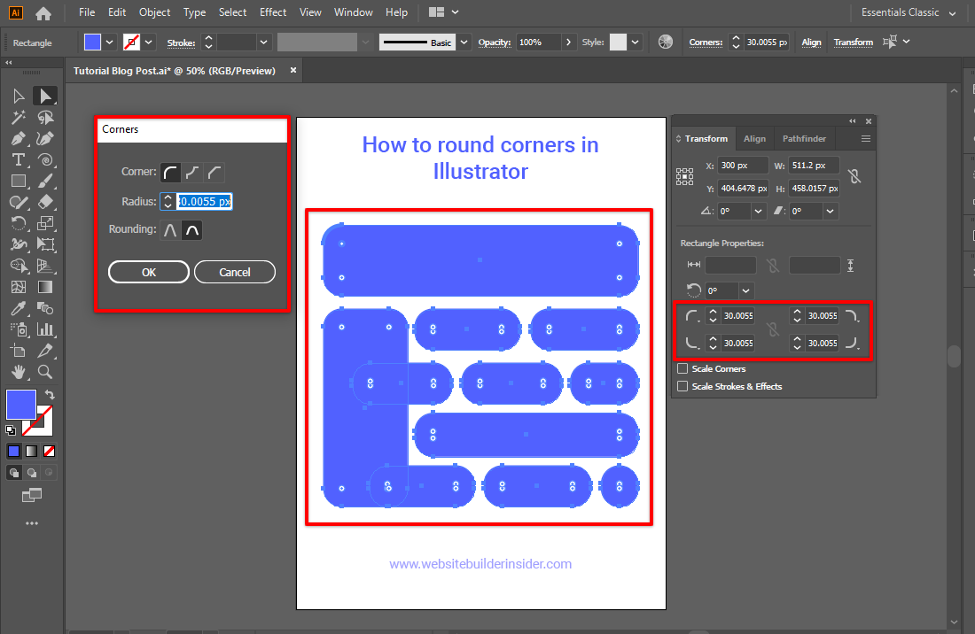 Drag the corner handles to round all the corner of an element in Illustrator