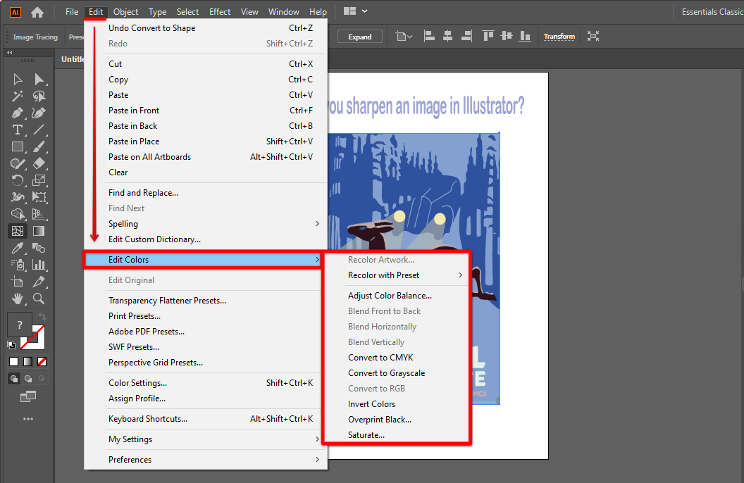 Go to Edit menu and click Edit Colors as an alternative to Adjustment Layers tool to sharpen the image in Illustrator