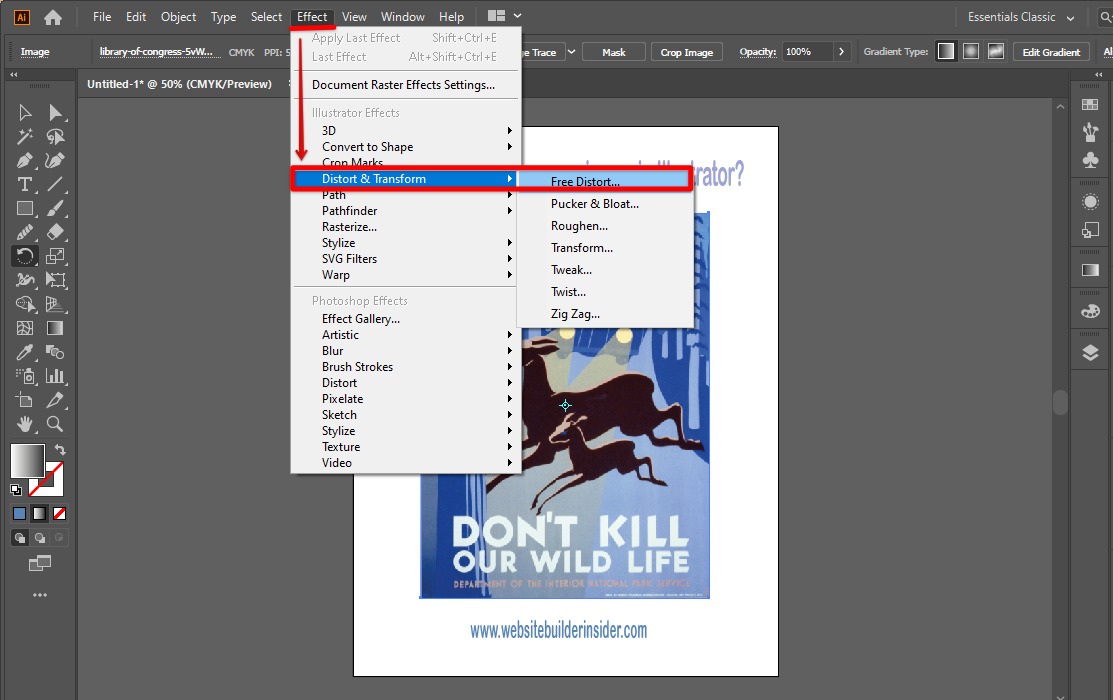 Go to Effect menu and click Distort and Transform tool to sharpen image in Illustrator