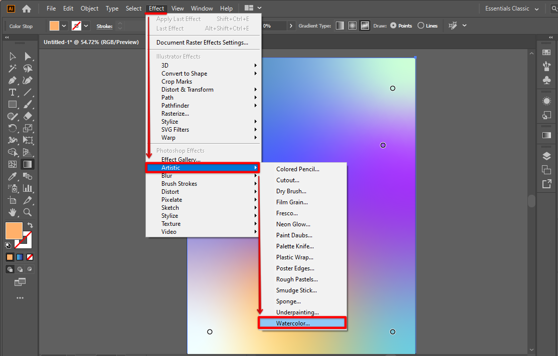 Go to Illustrator effect artistic and click watercolor