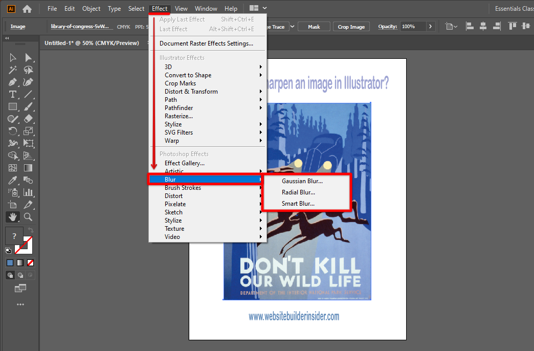 Go to Illustrator Effect menu and click the Blur tool and use it on the image