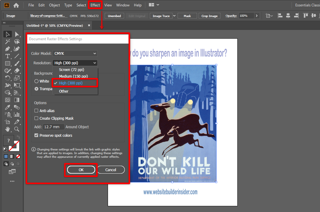 Go to Illustrator Effect menu and click the Document Raster Effects Settings then change the resolution to High (300ppi)