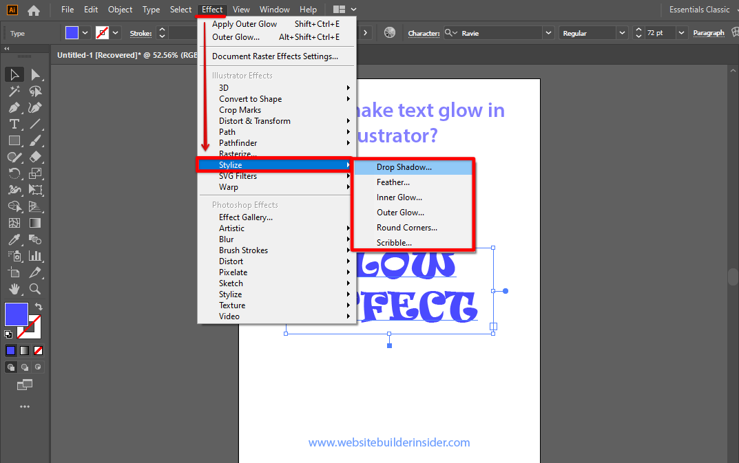 Go to Illustrator effects tab and select the stylize glow from the menu