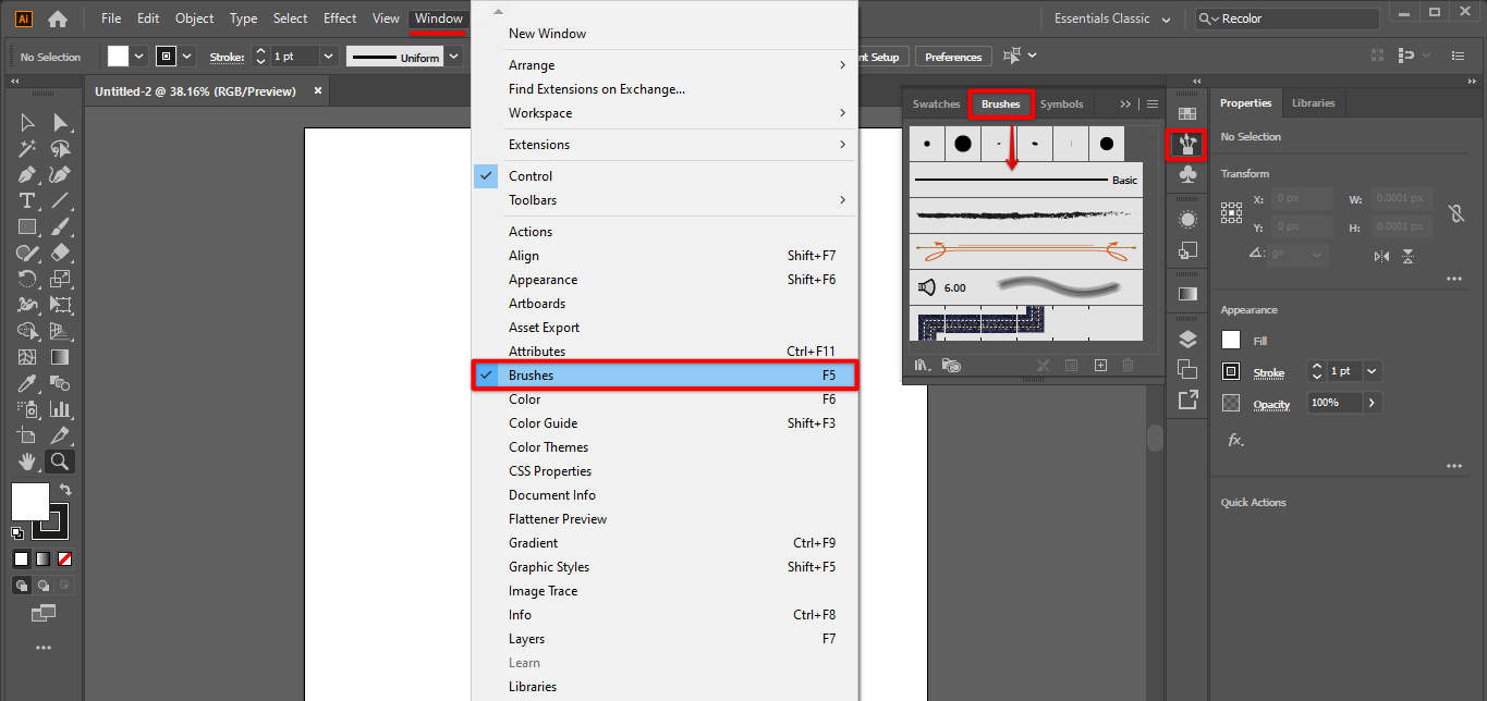 Go to window tab and click brushes to open in Illustrator quick tool