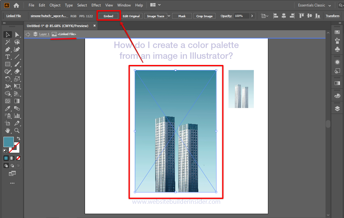 In the Illustrator image editor, click Embed to change the image from linked file to vector element