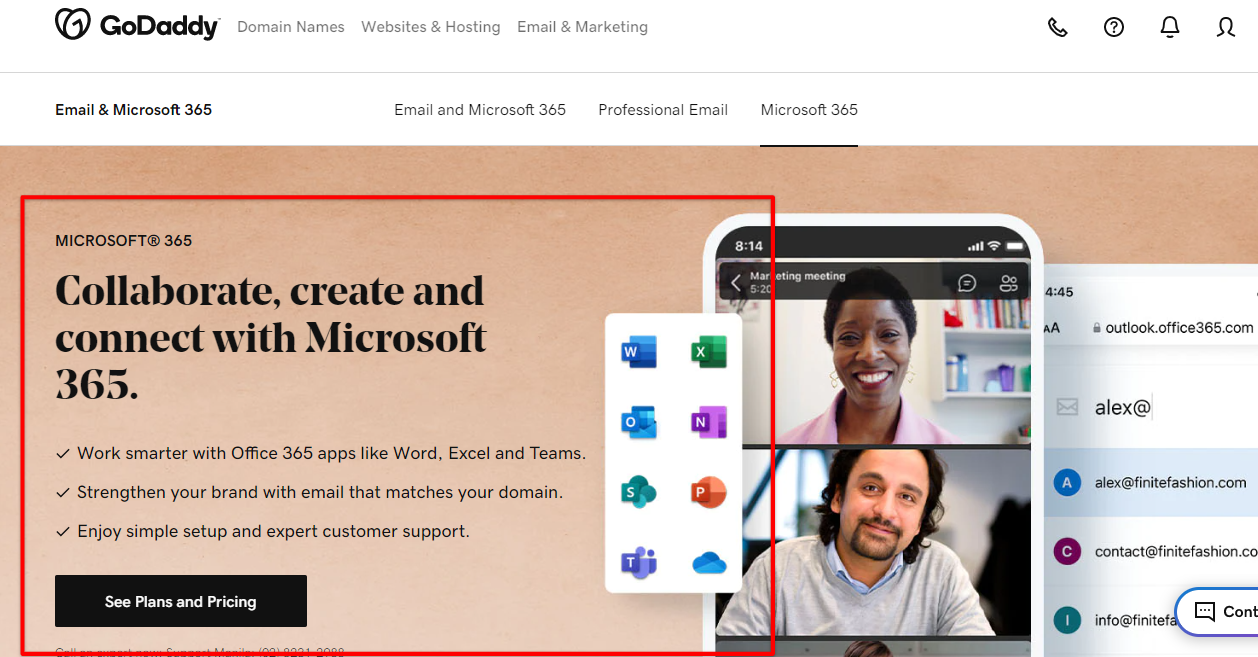 Integrate Microsoft 365 to your GoDaddy domain to get professional email and other services