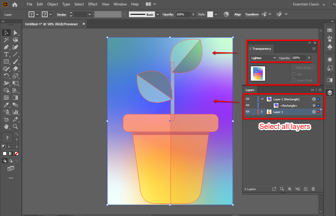 Select all layers and set the Illustrator transparency to lighten