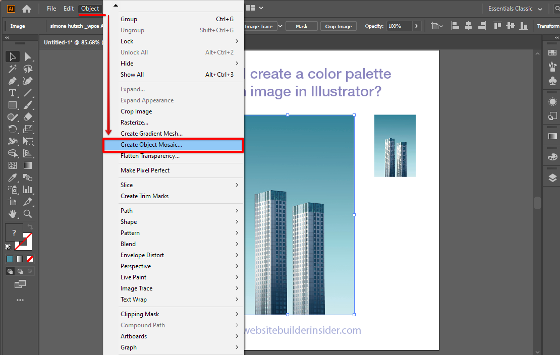 Select your embedded image then go to Illustrator object menu and click create object mosaic