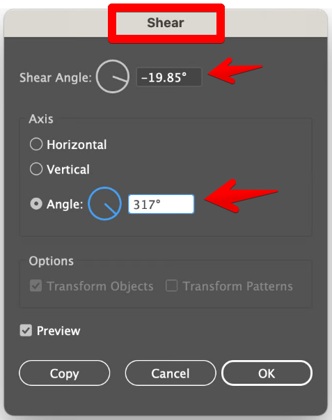 skew text shear tool