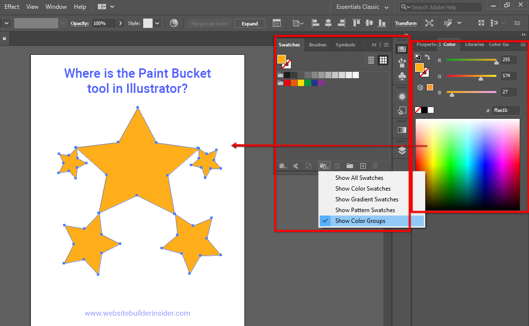 Use Illustrator color picker to add color groups or pick colors from outside resources