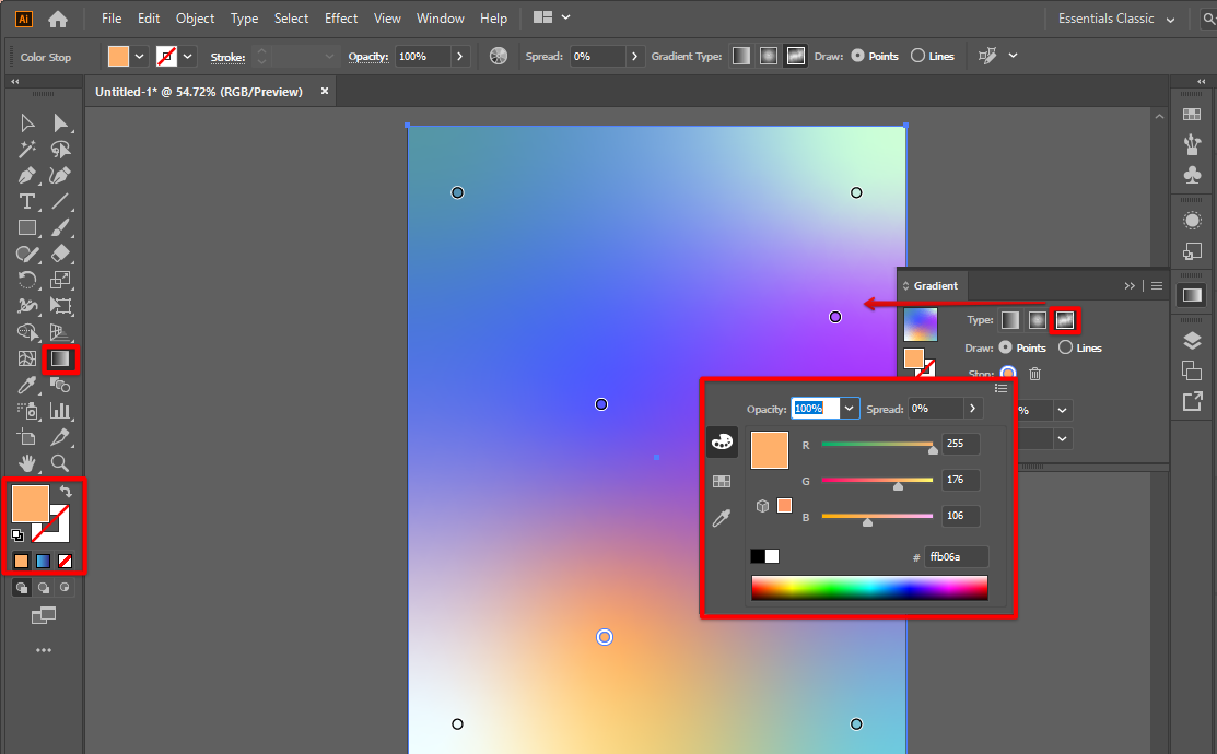 Use Illustrator fill or gradient tool to add color to your rectangle