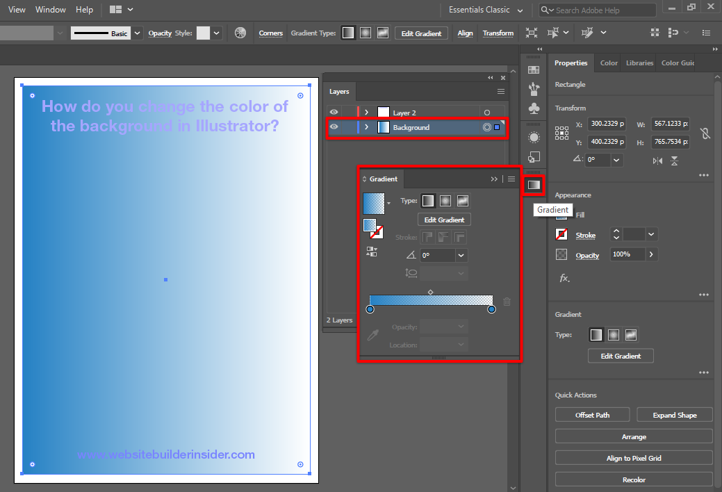 Use Illustrator gradient tool to add a background color with gradient style