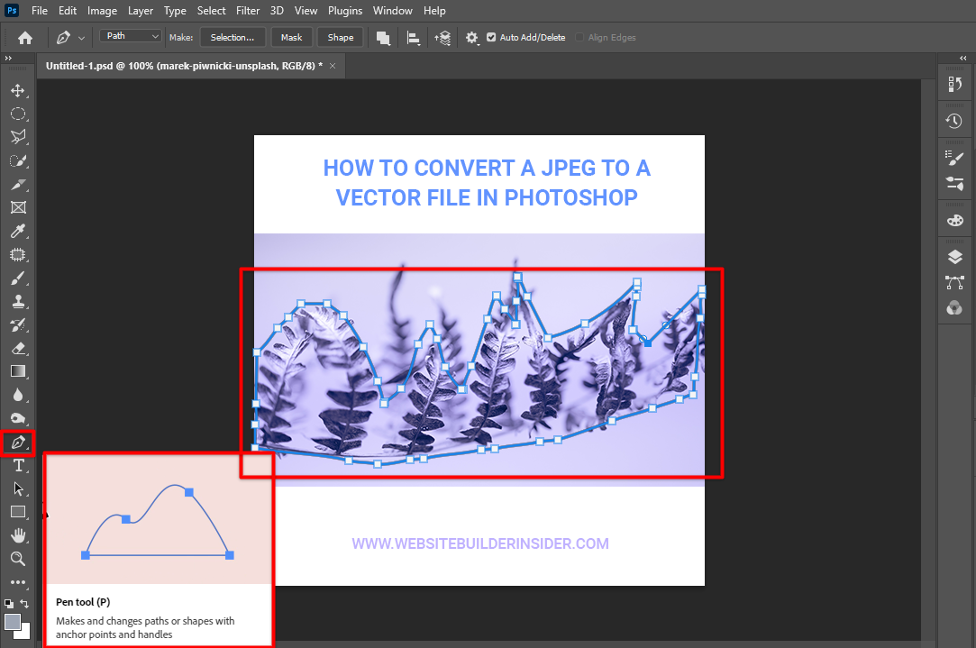 Use Photoshop pen tool to edit the work path of your vector