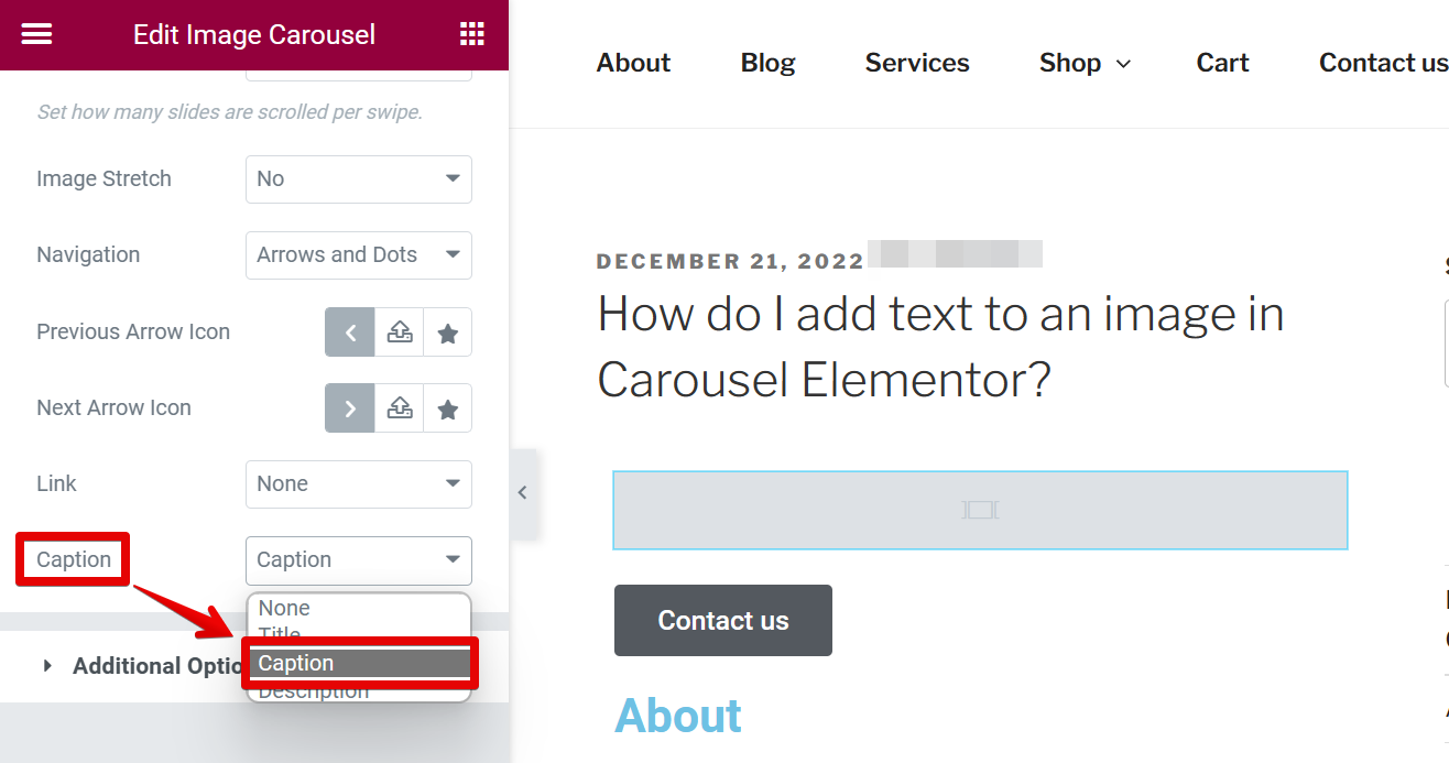 How do I add text to an image in Carousel Elementor? -  