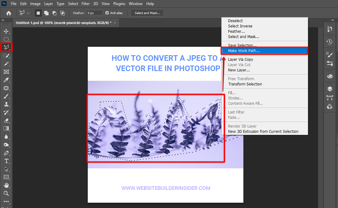 You can also double-click on the selection and click the photoshop make work path option