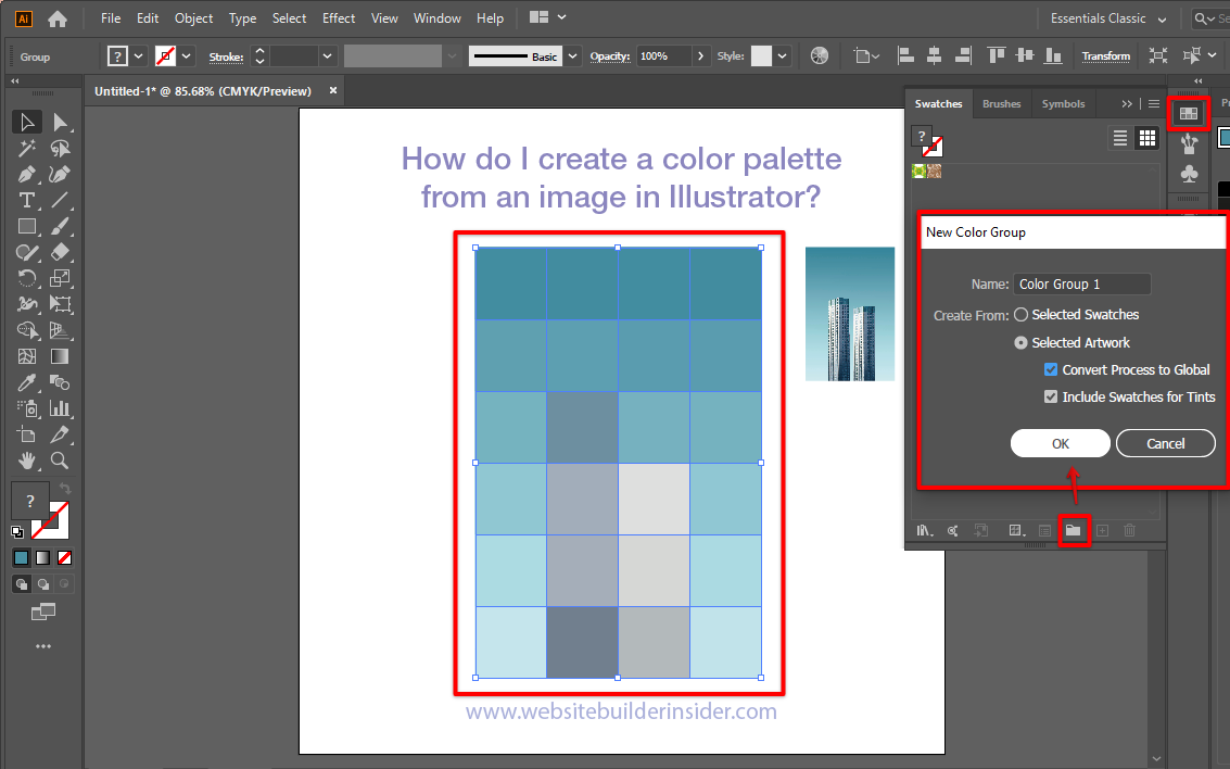 You should now have palette made out from image then in the swatch menu, click create new color group