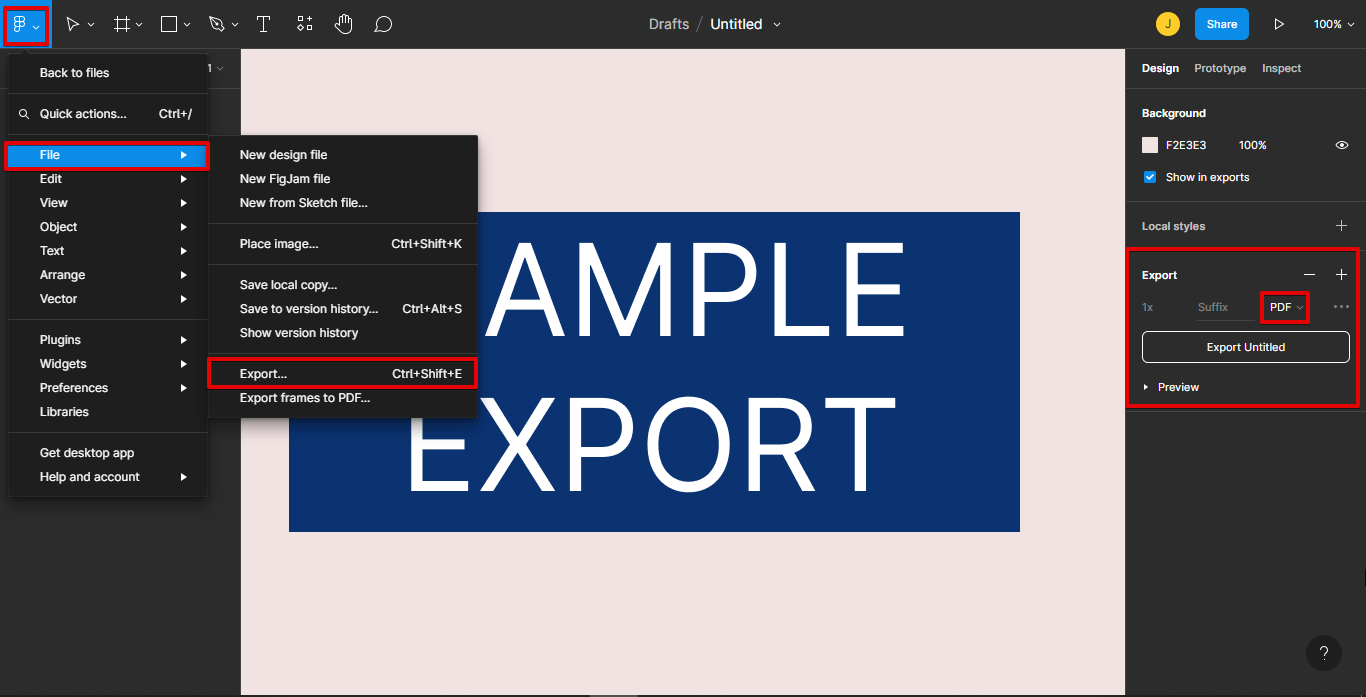 Export in the file menu