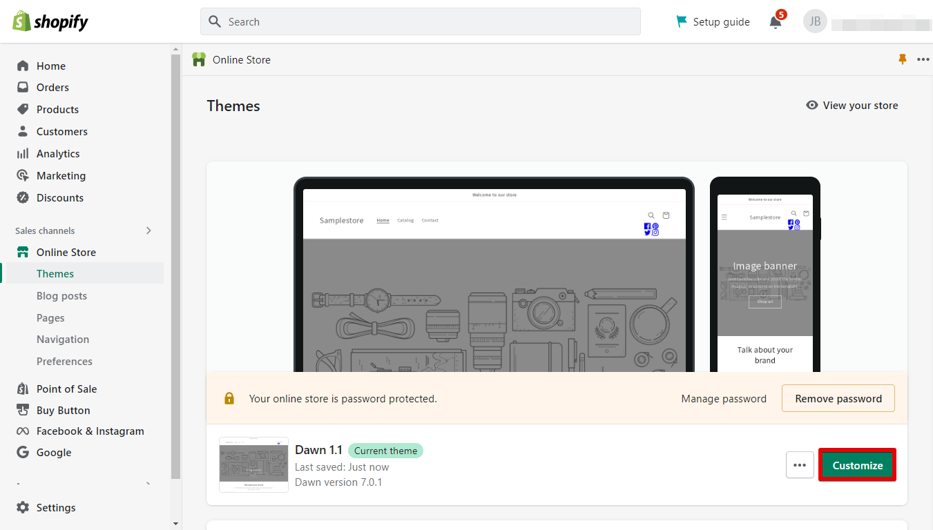 1. In your Shopify Admin Dashboard, go to Online Store - Themes and click Customize.