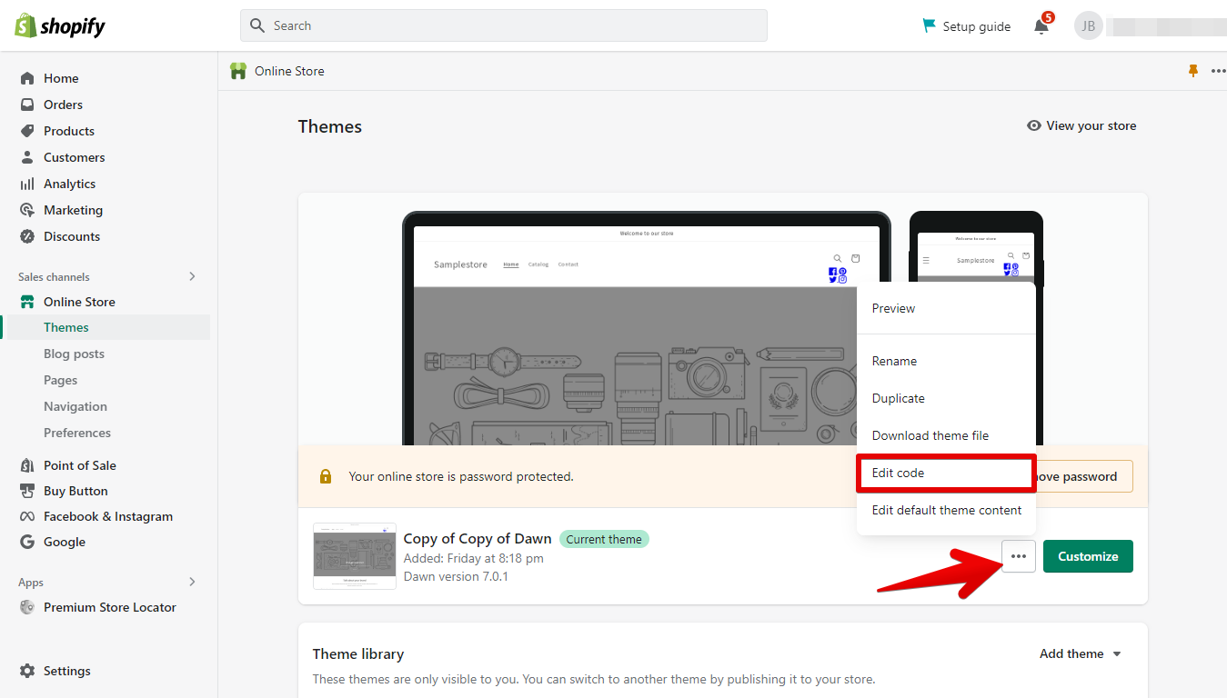 1. In your shopify Admin Dashboard Navigate Online Store - Themes and then click Edit Code