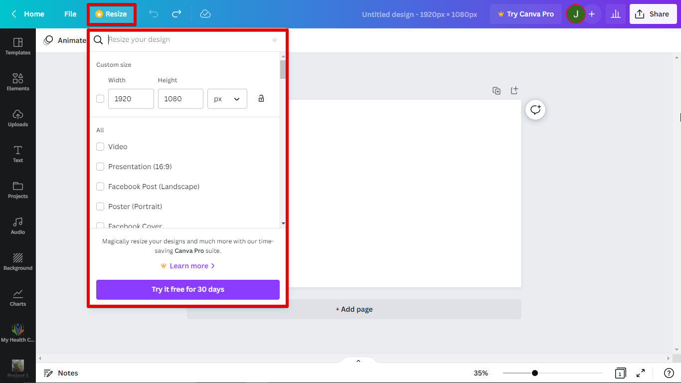 1. Resizing Canva Pro
