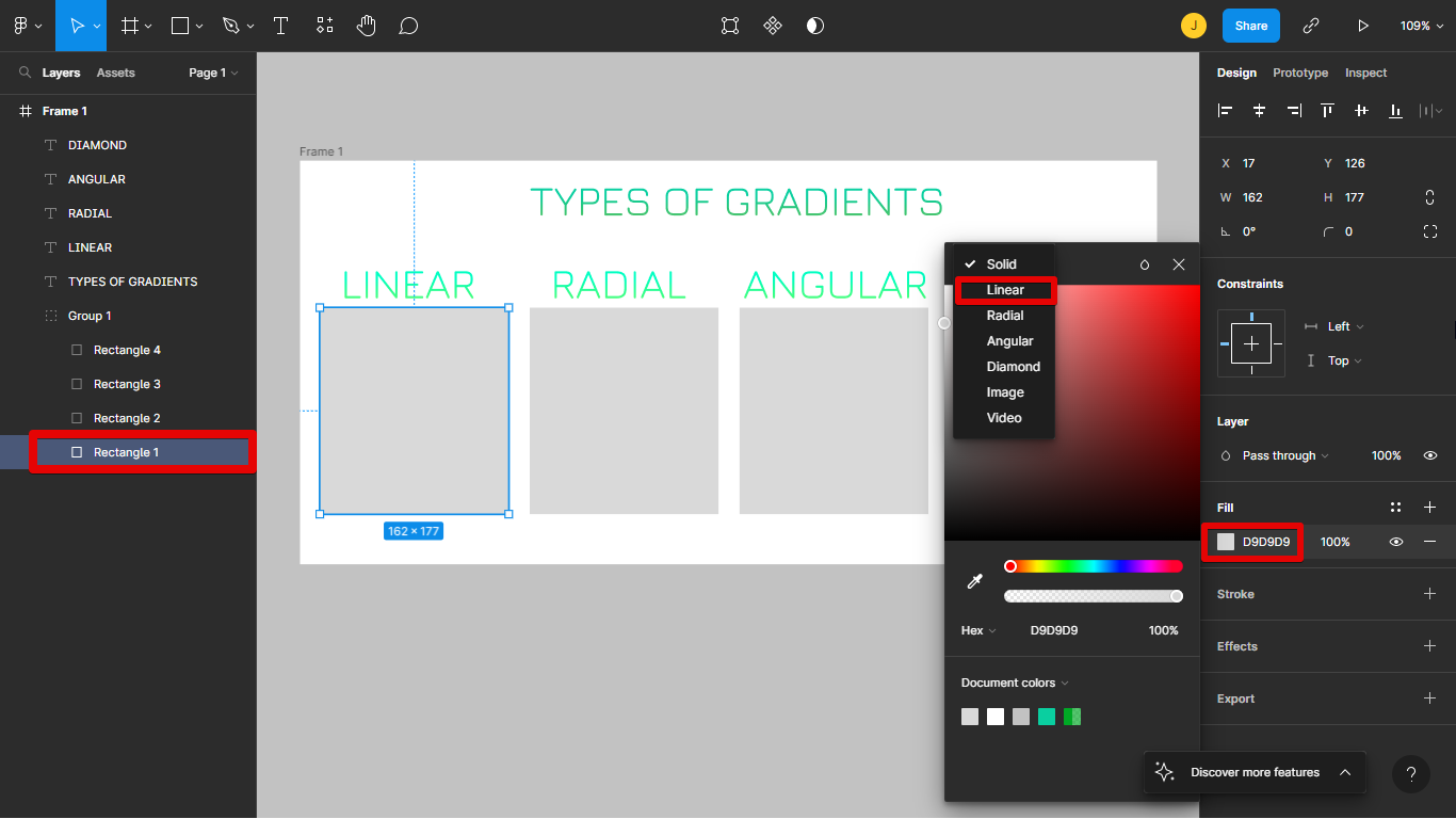 1. Select your rectangle and click the color under the fill section on the right side panel. Choose Linear instead of Solid