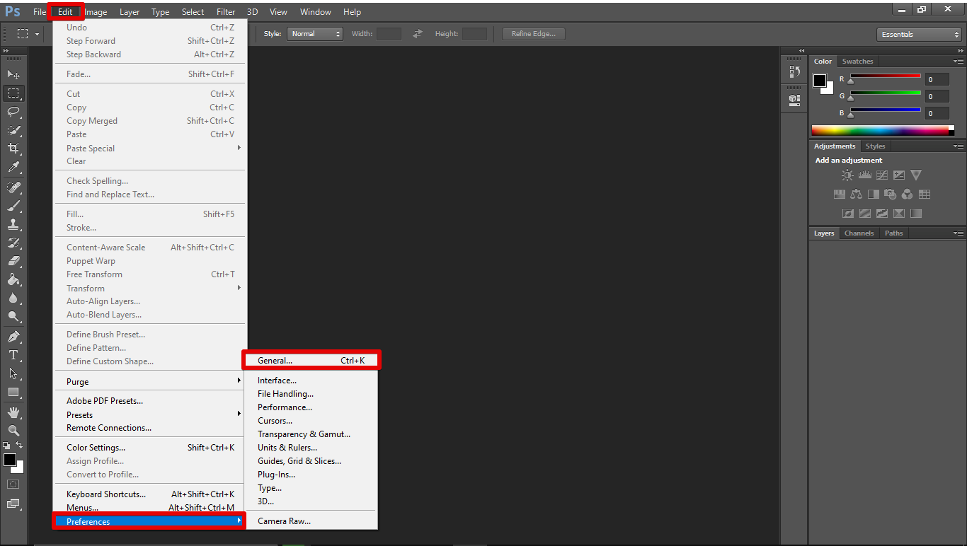 2. Getting to General Settings in Photoshop thru Preferences - General