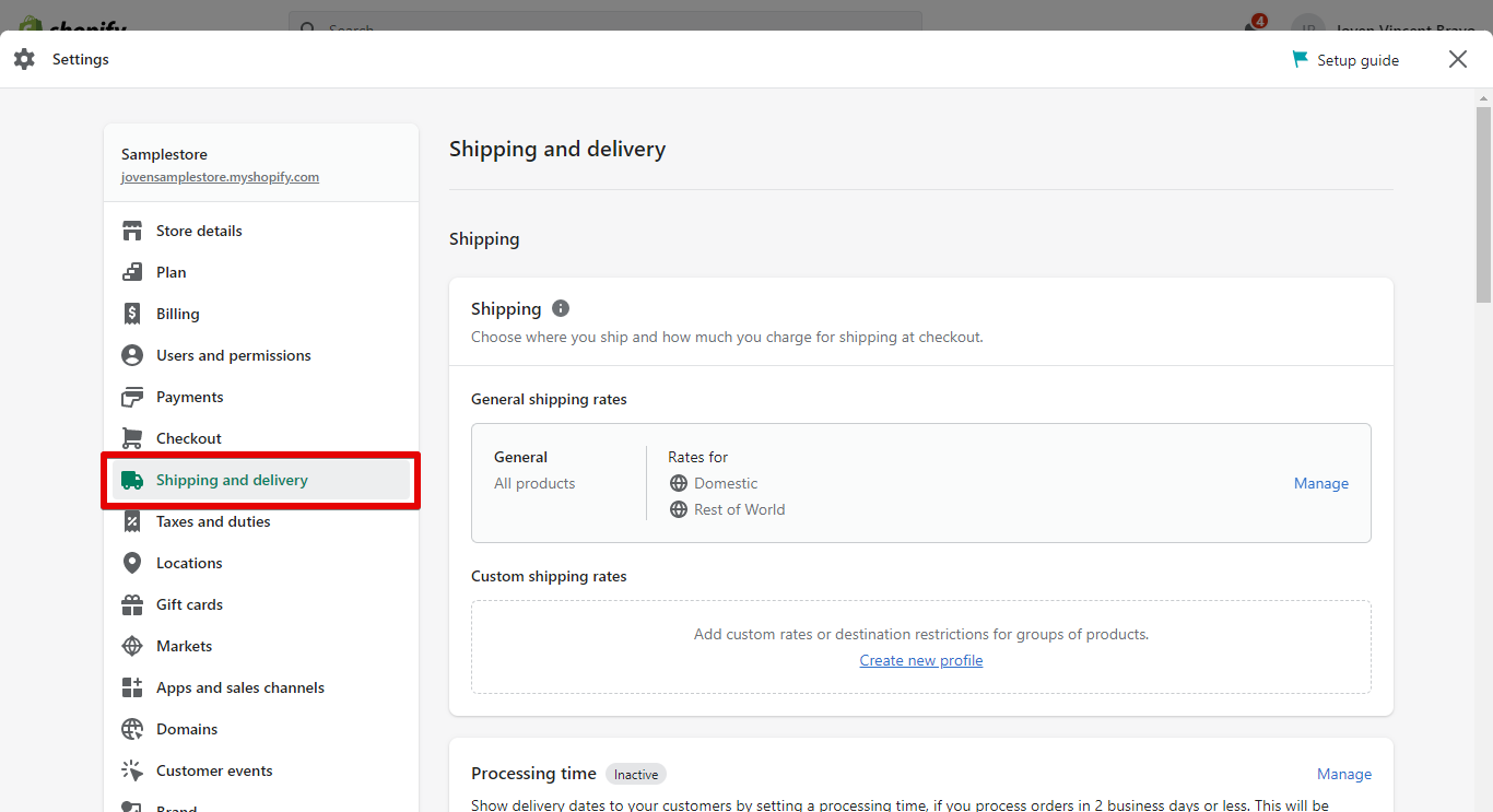 2. Go to Shipping and delivery