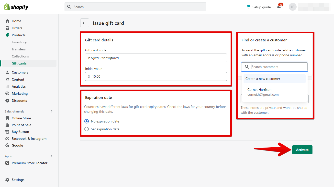 2. Modify the gift card details to your liking and click activate.