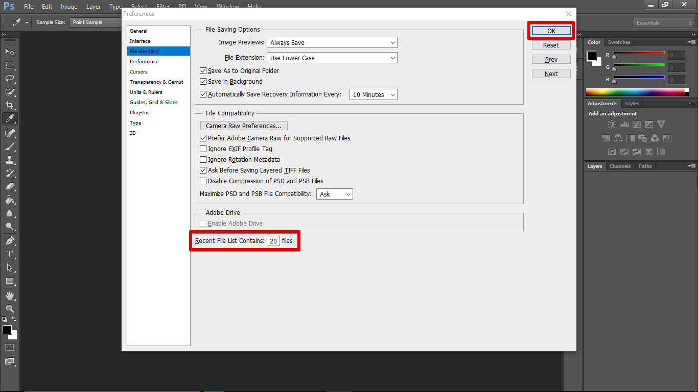 3. Set the Recent File List Contains to 0 Files then click OK