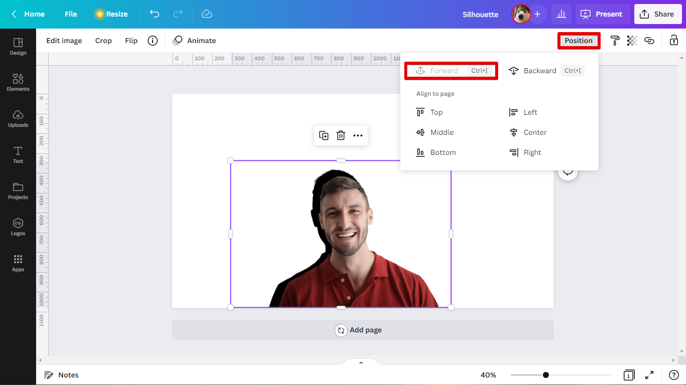 4. Align the image accordingly and bring the image forward.