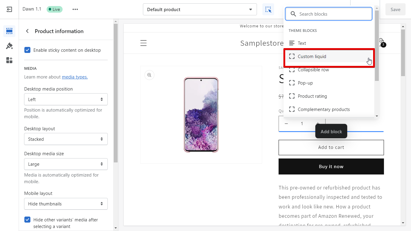 4. Click Custom Liquid