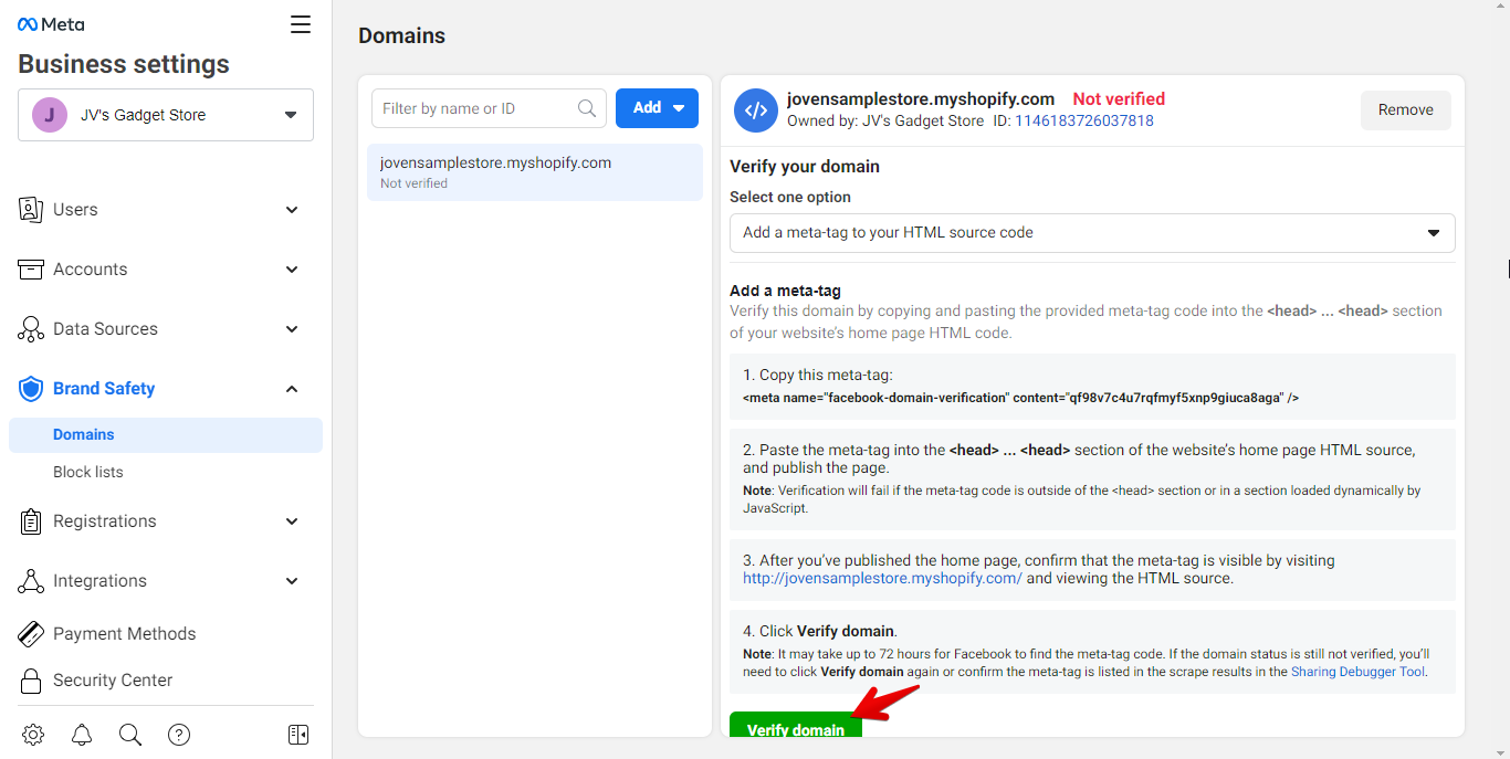 Click Verify Domain back to the Facebook Business Account