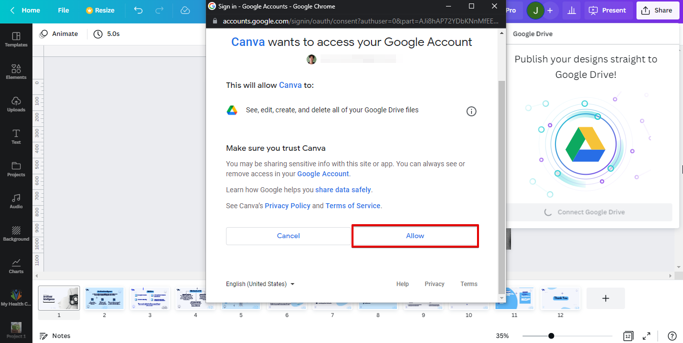 Allow Canva to access your Google Account to proceed.