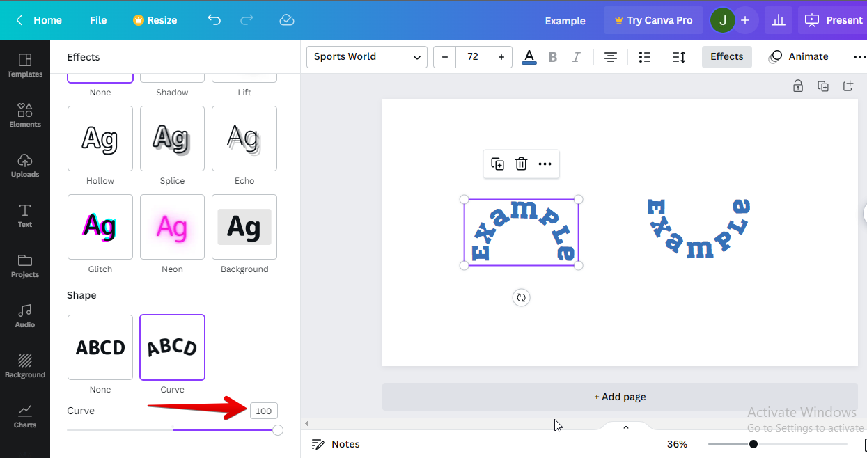 Adjusting the intensity of curviness of the text